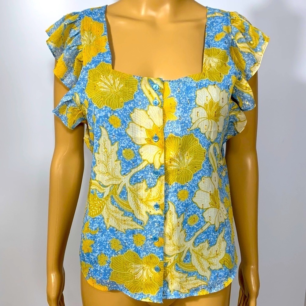 ELAINE ROSE Blue/Gold Square Neck Short Ruched Sleeve Button Down Shirt Size XS
